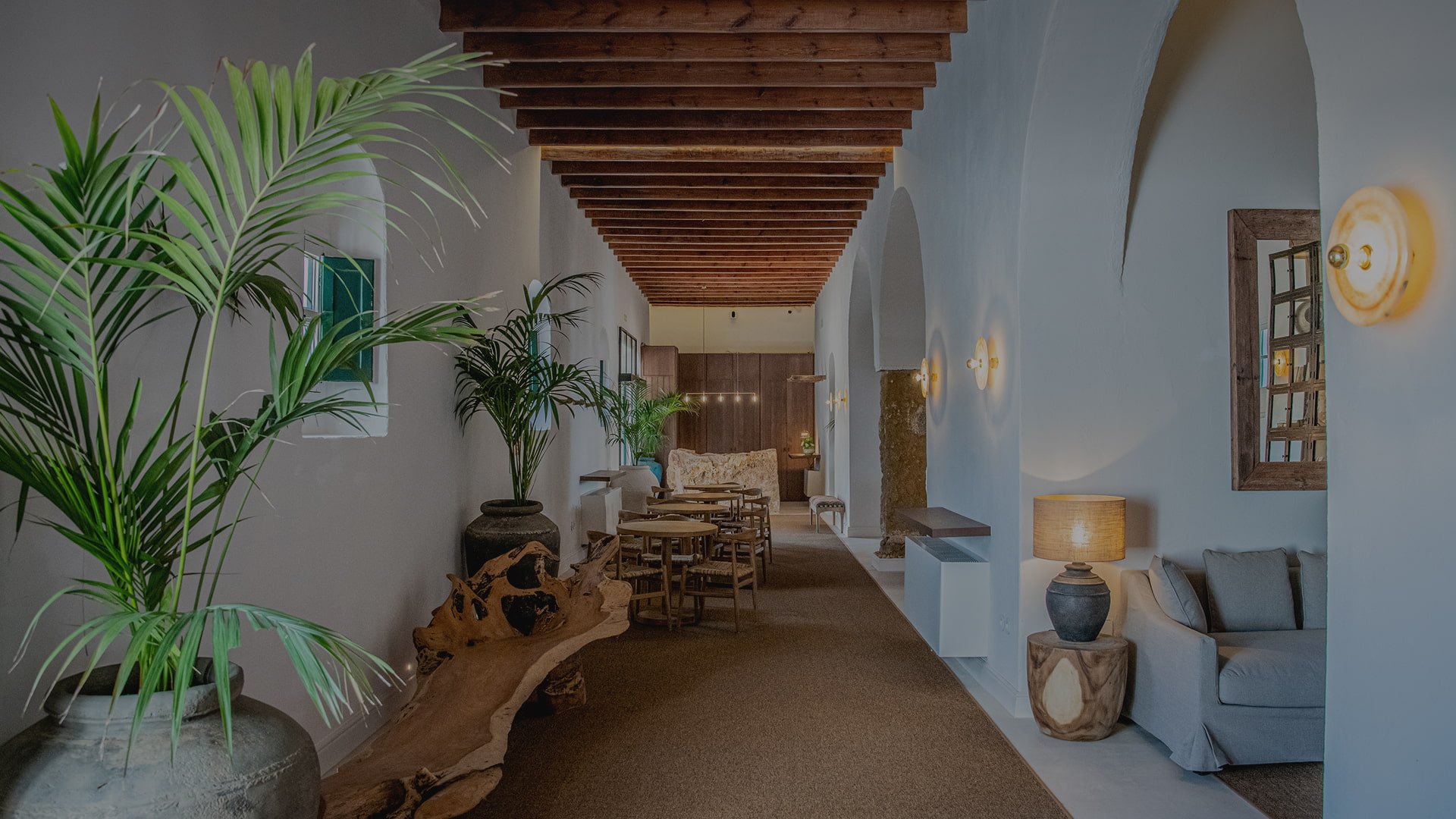 Corridor exquisitely decorated with vegetation, pieces of wood and exclusive decoration.