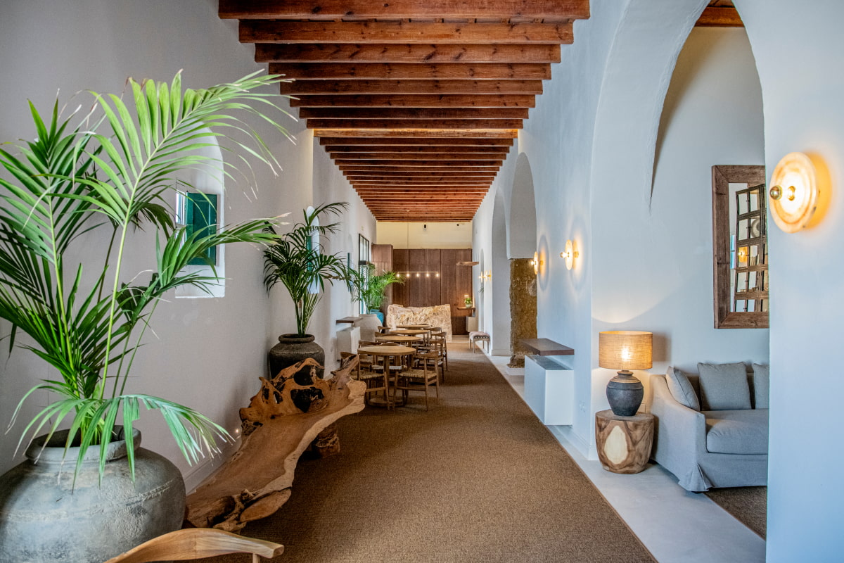 Pasillo exquisitamente decorado con vegetación, piezas de madera y decoración exclusiva