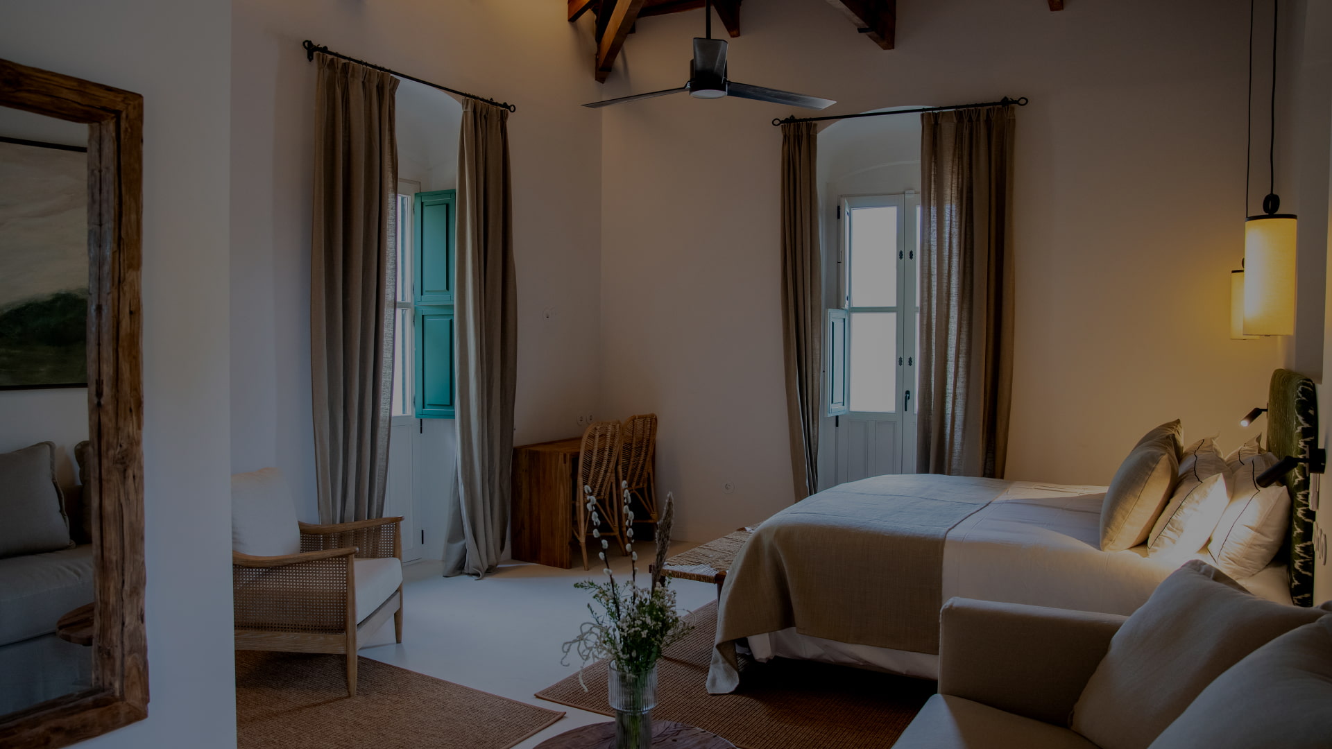 Interior of one of the fully equipped rooms with double bed.