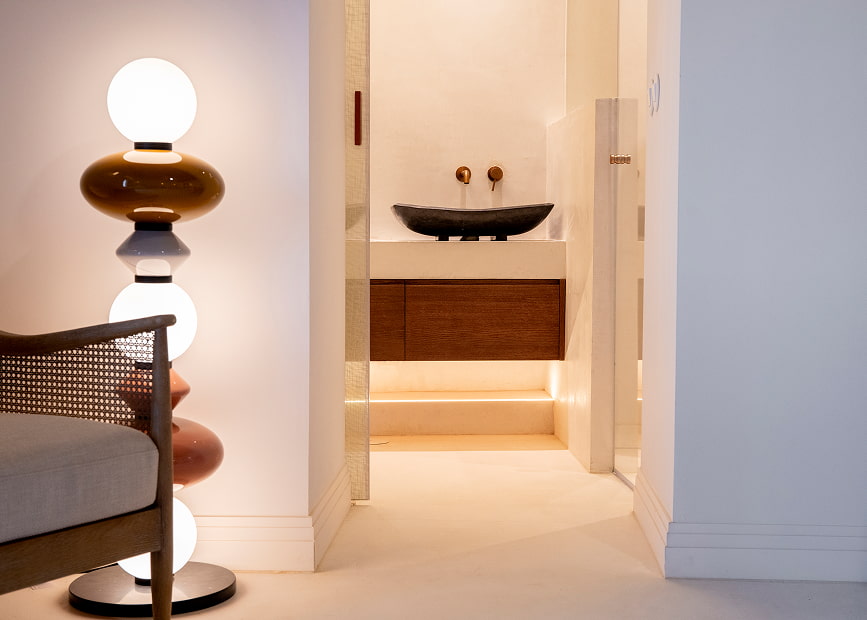 Designer washbasin seen from the interior of the room