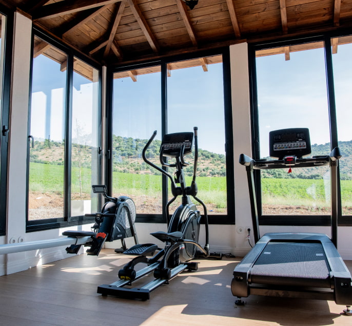 Hotel Corbella Gymnasium Gymnasium with large stained glass windows overlooking the countryside
